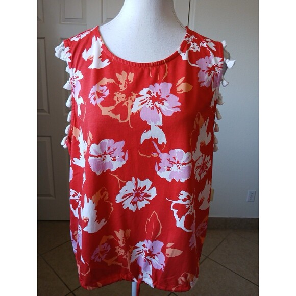 Marc New York Womebs Tank‎ Orange Floral Large Sleeveless Top Tropical Tassels - Picture 1 of 13